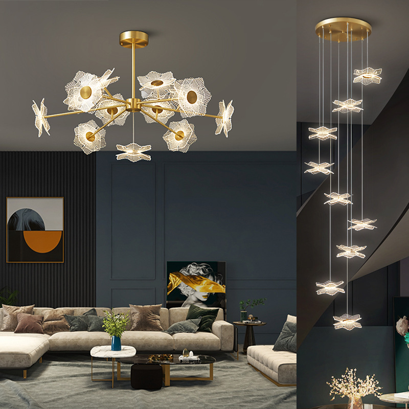 全铜现代轻奢客厅吊灯 新款创意亚克力荷叶导光灯 餐厅卧室灯批发