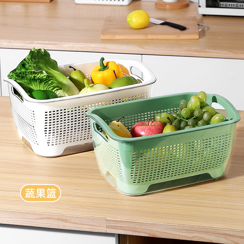 Transparent Double-Layer Vegetable Washing Basket Drain Basket Plastic Washing Fruit Plate Living Room Home Kitchen Rice Basket Storage Basket