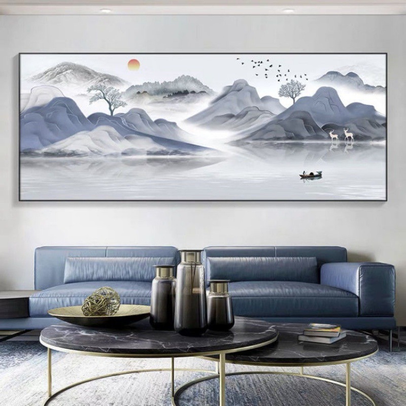 新中式客厅装饰画山水画风水靠山沙发背景墙挂画现代轻奢简约壁画