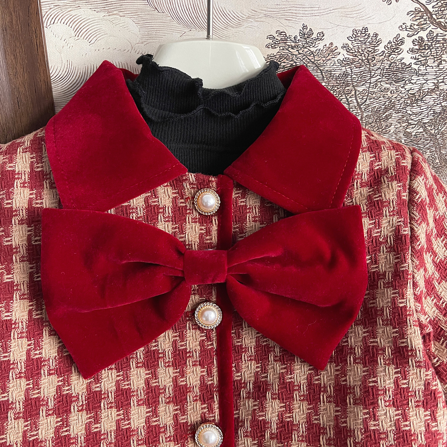 2023 Winter New Korean Style Girls' Classic Style Red Plaid Bow Suit Baby Cotton Two-Piece Set 68185