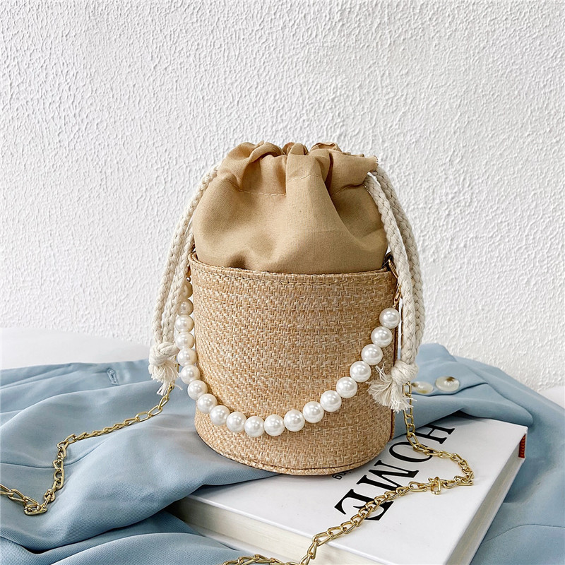 Blue Cool Women's Summer 2021 New Fashion Shoulder Messenger Bag Pearl Chain Portable Korean Straw Plaited Bucket Bag