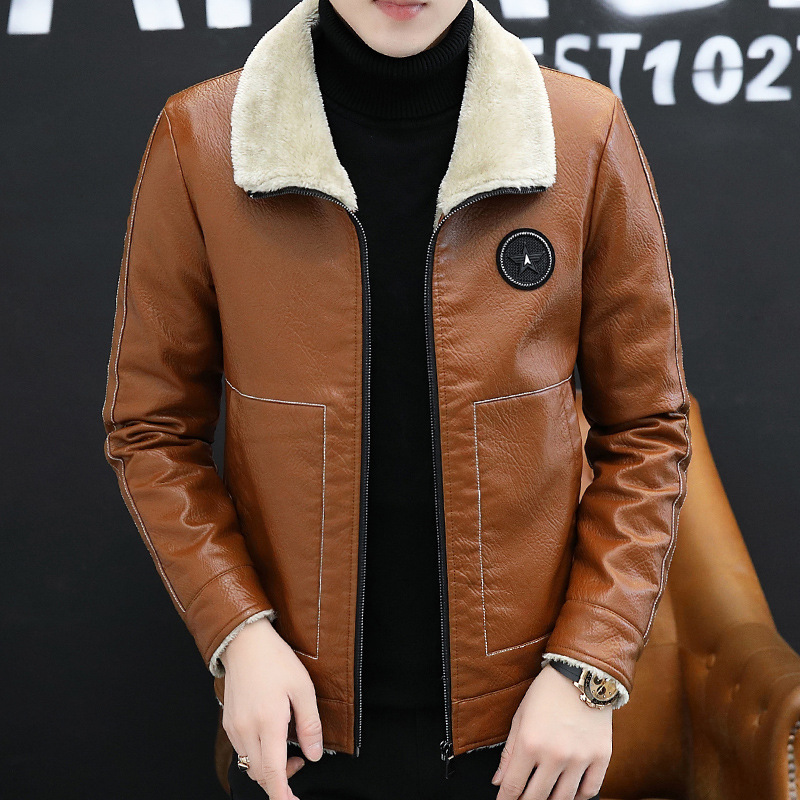 Men's Leather Coat Autumn New Pu Youth Stand Collar Jacket Casual Jacket Fur Integrated Men's Thickened plus Suede