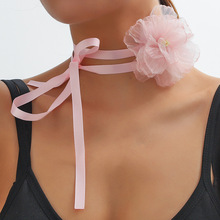 欧美跨境饰品 复古绑带粉色花朵项链 花朵系带晚宴颈带束颈链项链