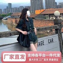 Lz甜酷牛仔连体裤港风卷边短裤女夏季复古收腰显瘦阔腿裤连衣裤套