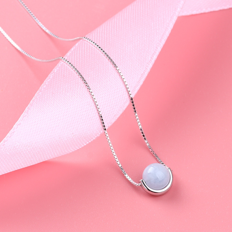 契爱s925银天然石水晶项链女粉色草莓晶项坠好运路路通圆珠项链