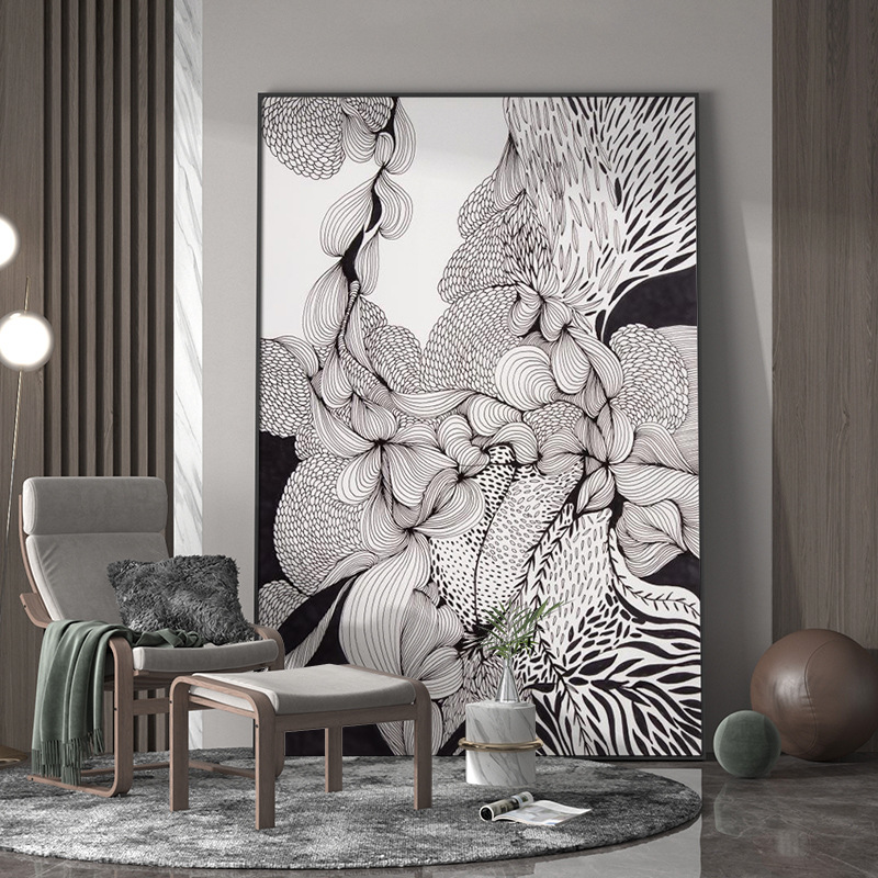 现代轻奢客厅入户玄关装饰画黑白灰线稿繁花艺术背景墙壁竖版挂画