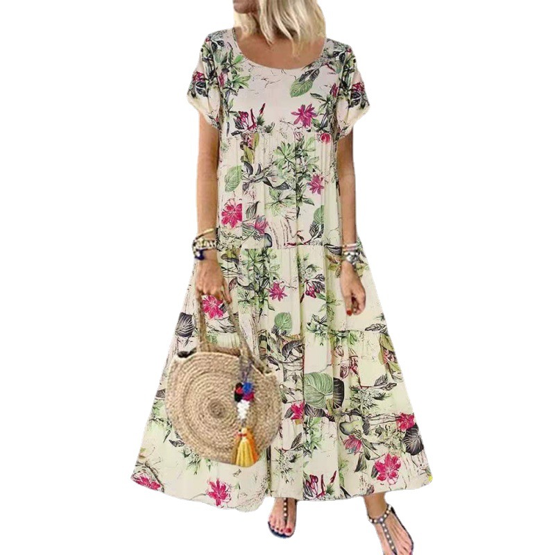 2022 Amazon Wish Independent Station Best Selling Women's Clothes Vintage Floral Print Short Sleeve round Neck Dress