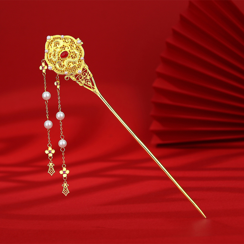 可打开花丝龙凤嘎乌盒香囊s925纯银电金珍珠流苏发簪新中式高级感