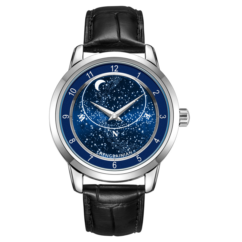 圣百年全自动机械男士腕表星空二代转动真皮防水机械手表白名单