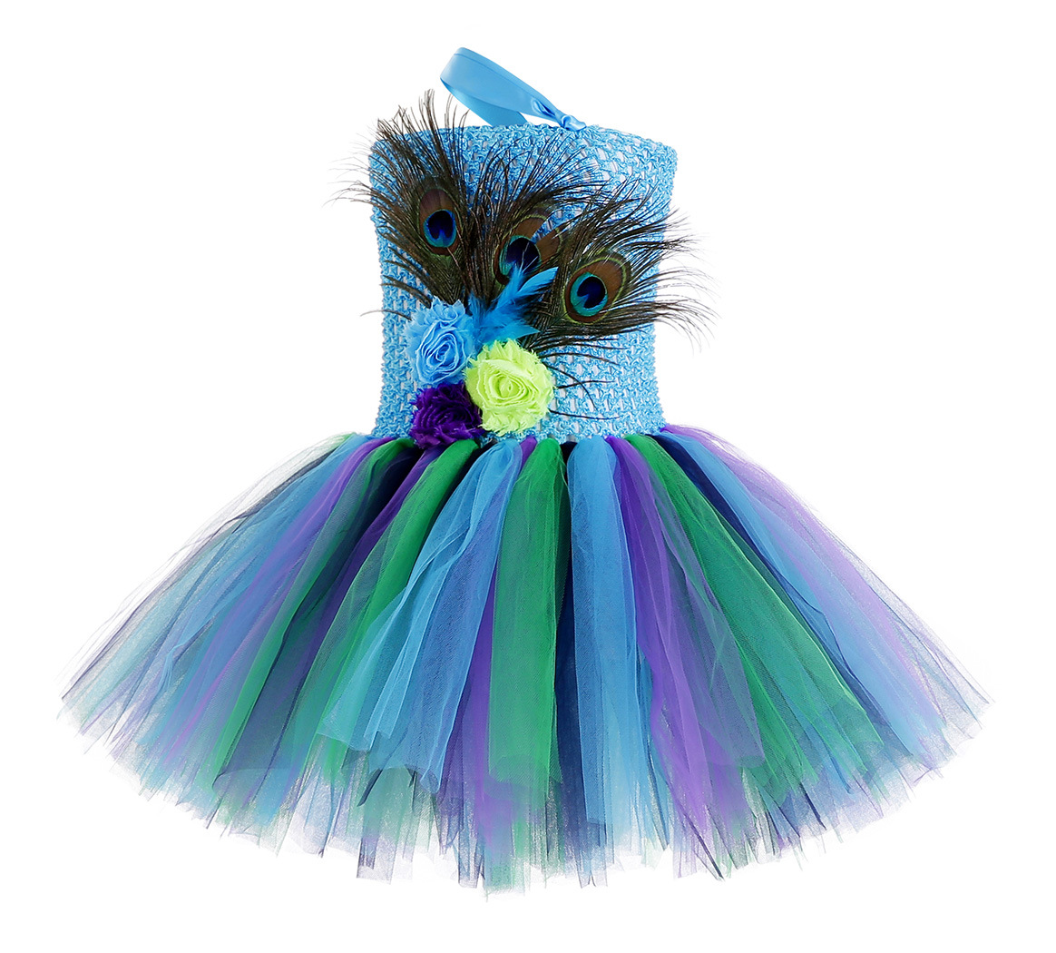 孔雀羽毛裙儿童花朵网纱tutu裙单肩芭蕾蓬蓬裙子女童连衣裙跨境