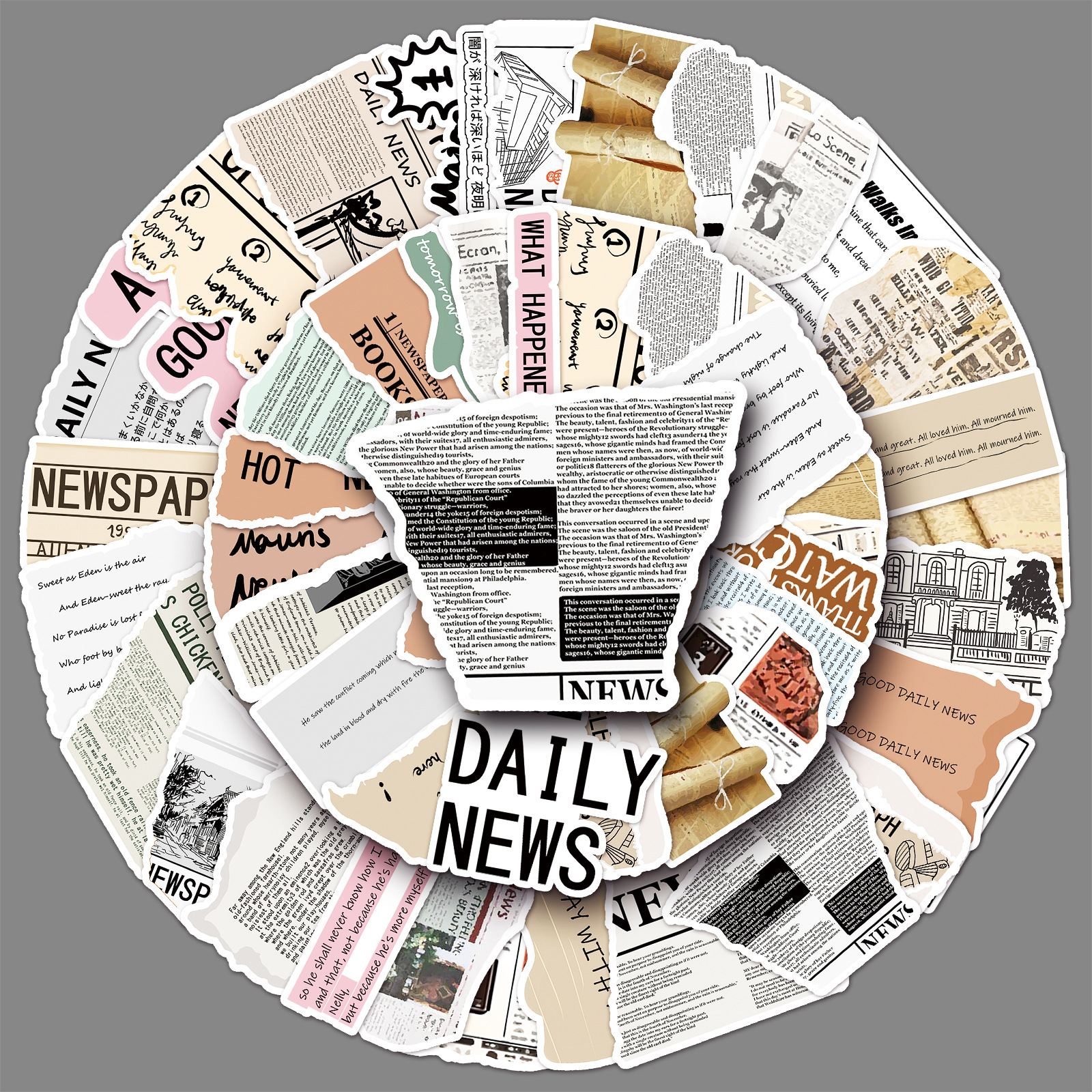 50张原创报纸个性涂鸦美式复古手帐英文咕卡装饰手机壳行李箱贴纸