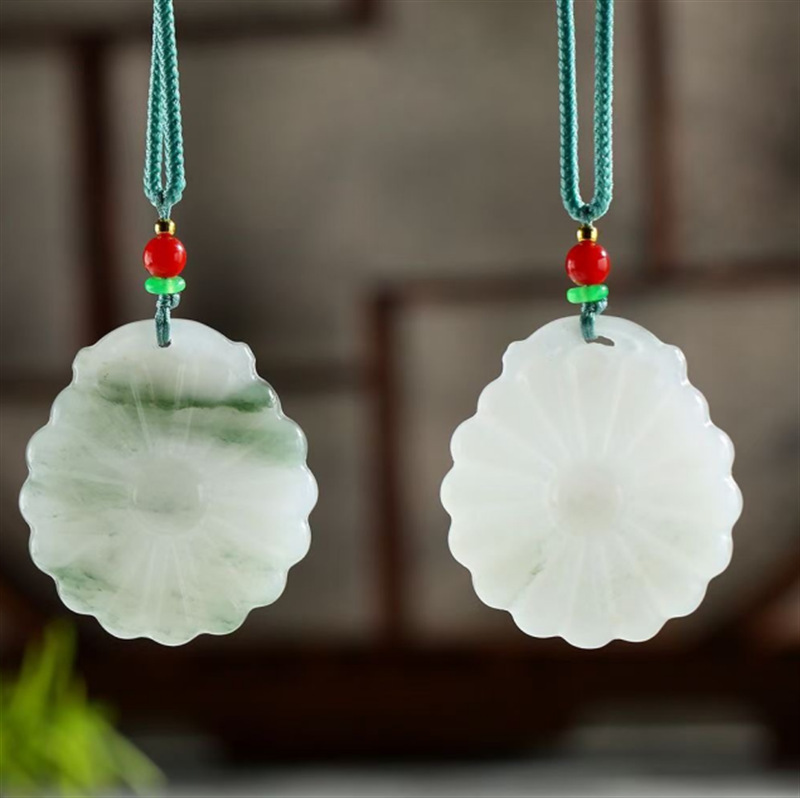 新疆天山翠圆环平安扣吊坠金丝玉面包圈挂件佘太翠白底飘翠花项坠
