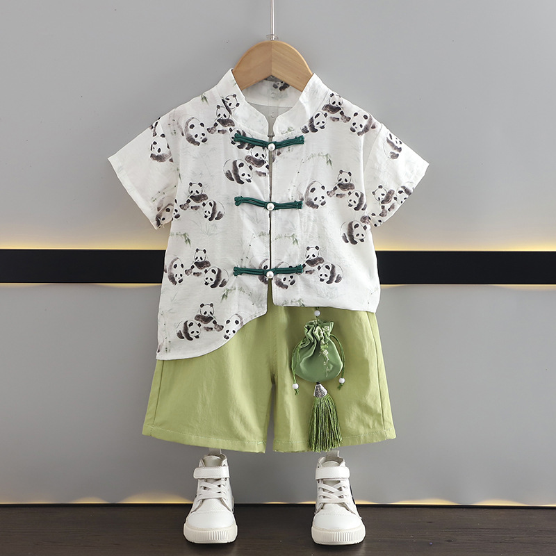 Boys Summer Suit 2024 New Fashionable Korean Style Printed Short-Sleeved Shirt Two-Piece Set Little Children Baby Clothes