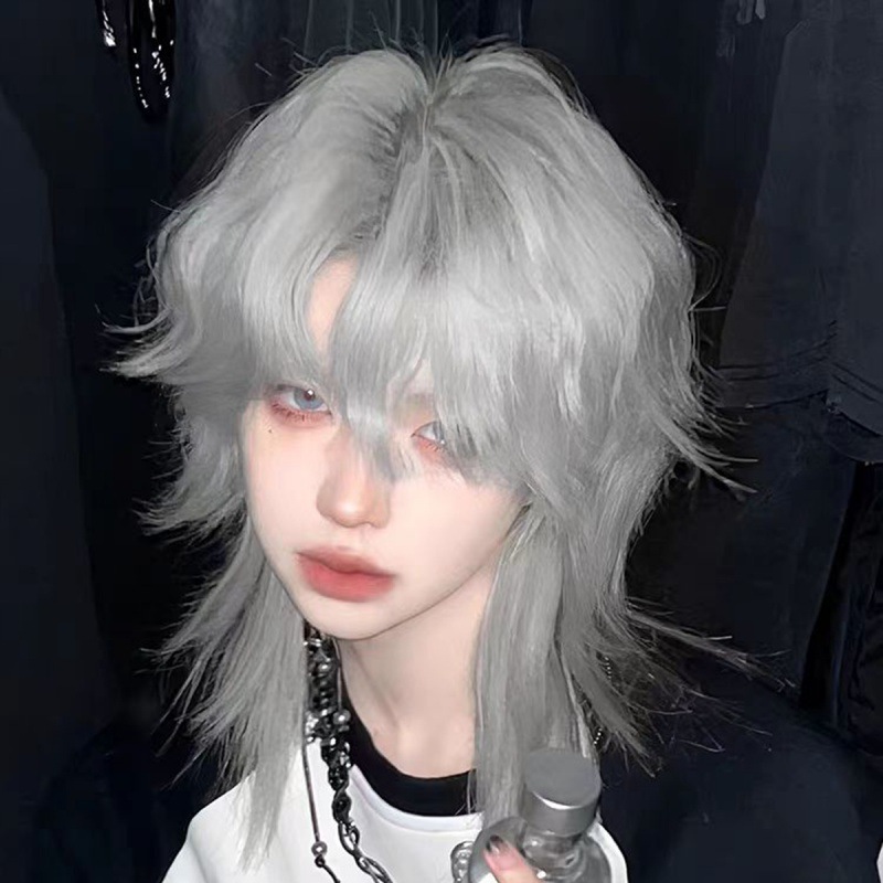 奶奶灰狼尾假毛短发鲻鱼头中分刘海全头套日系男生长发可半扎发型
