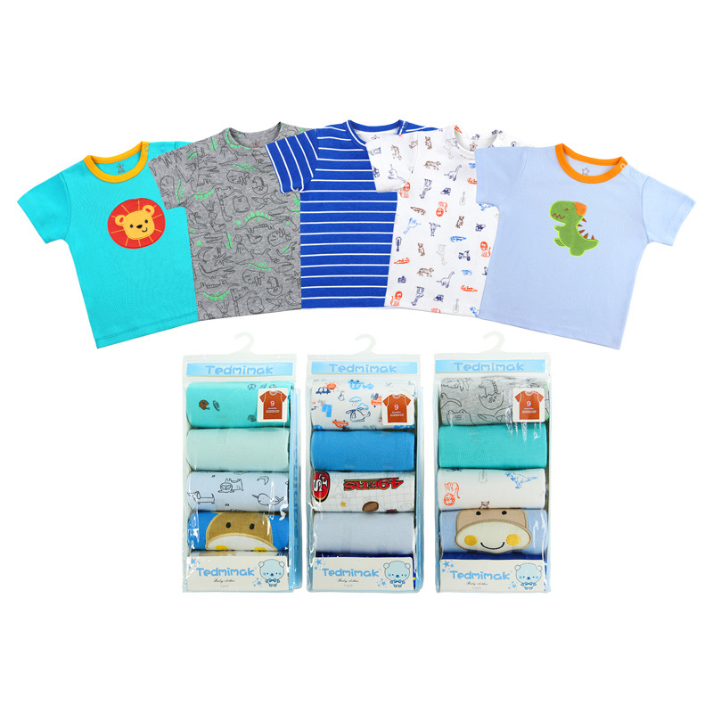 2022 Spring and Summer New Factory Foreign Trade Children's Wear Wholesale Children's Boys and Girls Shoulder with Buckles T-shirt 5 Pieces Boxed