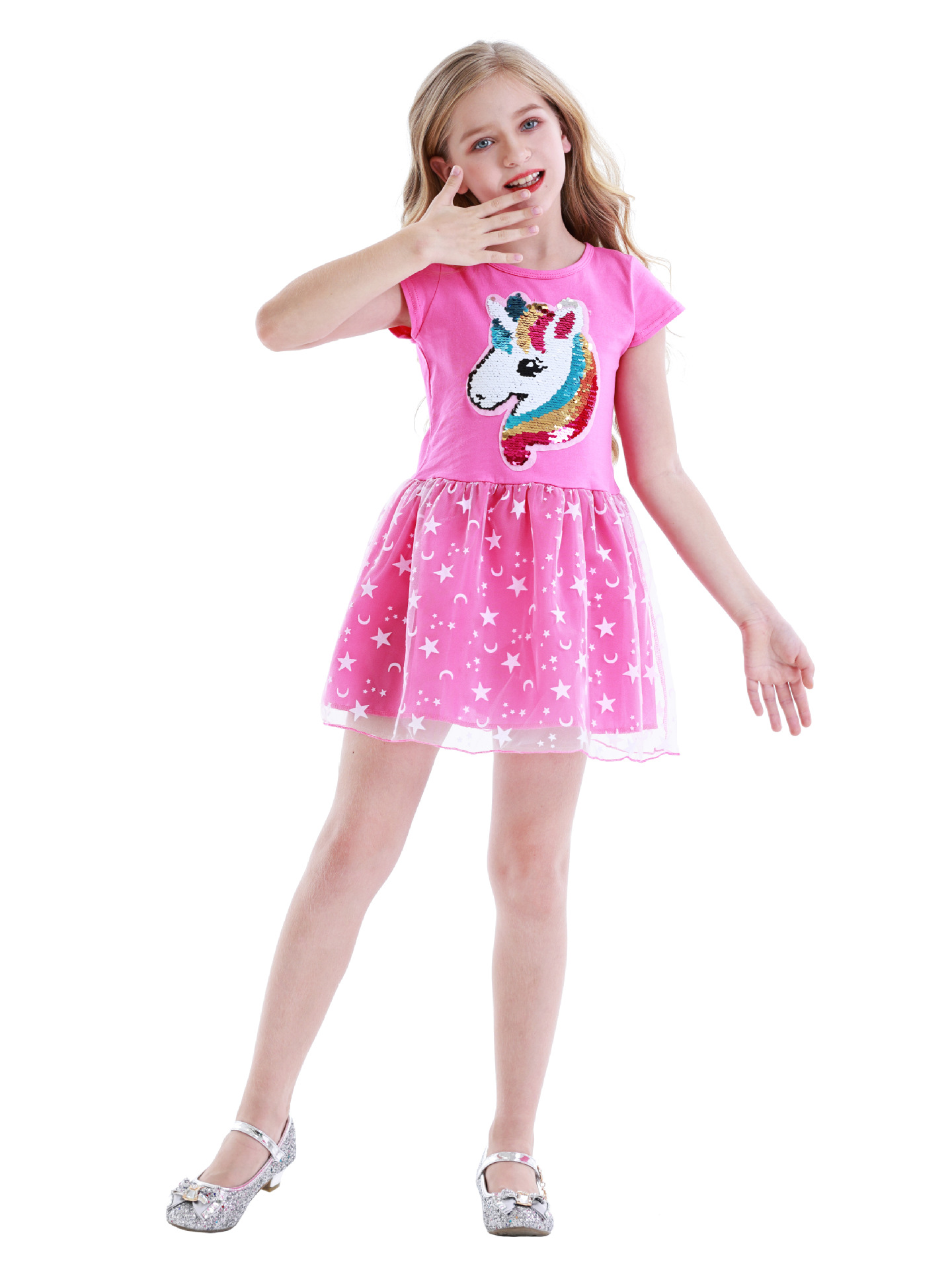 欧美女童网纱裙3-8岁儿童蓬蓬裙亮片卡通图案短袖裙子gauze skirt