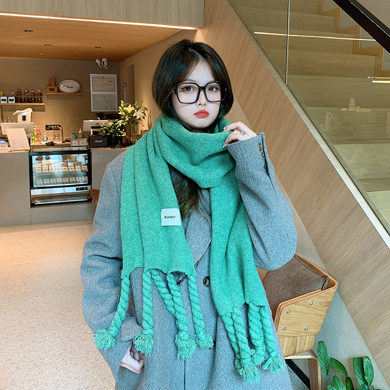 Winter New Solid Color Twist Big Braid Tassel Scarf Korean All-Match Warm Knitted Cute Student Scarf for Women