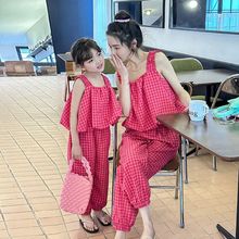 网红亲子装夏季母女装小众格子无袖背心套装洋气韩版炸街两件套潮