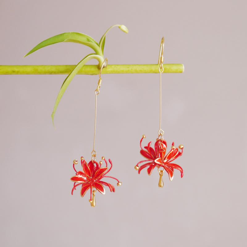 彼岸花饰品造花液曼珠沙华925纯银耳钉耳环红色耳饰耳坠古风胸针