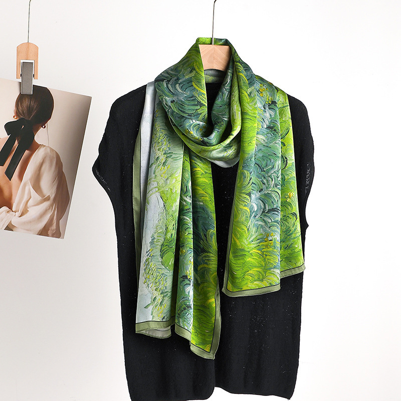 Green Pastoral Style Mulberry Silk High-Grade Silk Printed Thin Scarf Elegant Silk Scarf Shawl Dual-Use to Give Mom