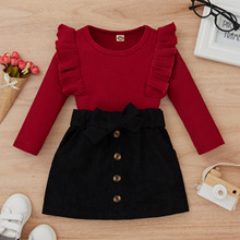 宝薪童装秋冬欧美坑条飞袖长袖红色上衣黑色短裙两件套女小童套装