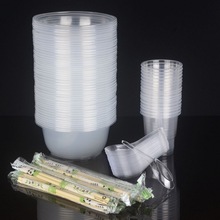 一次性碗筷套装塑料勺子杯子宴席外卖打包餐盒圆形碗加厚带盖批发