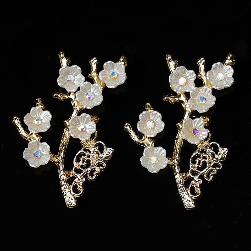 新款新娘梅花款花朵镶钻带珍珠树枝 diy树脂小花团扇饰品配件批发