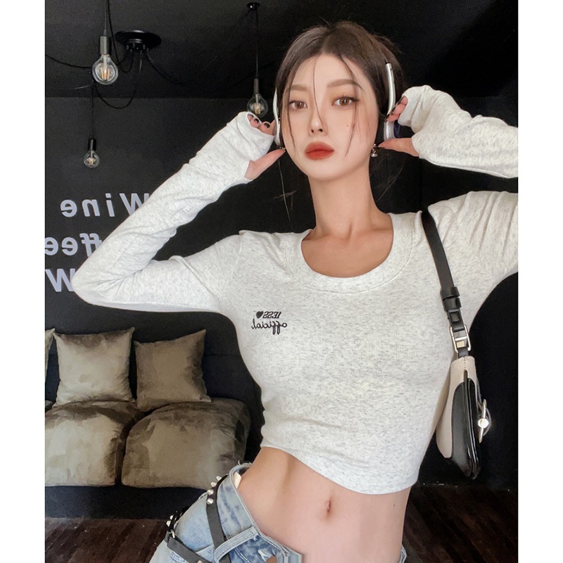 6535 Cotton Hot Girl Stretch Long Sleeve T-shirt Female Autumn Tight High Waist Navel Print Letter Jacket Foreign Trade Wholesale