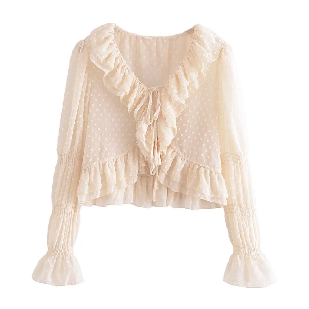 23085夏季 新款女装欧美风v领叠层荷叶边装饰藕结袖衬衫上衣-阿里巴巴