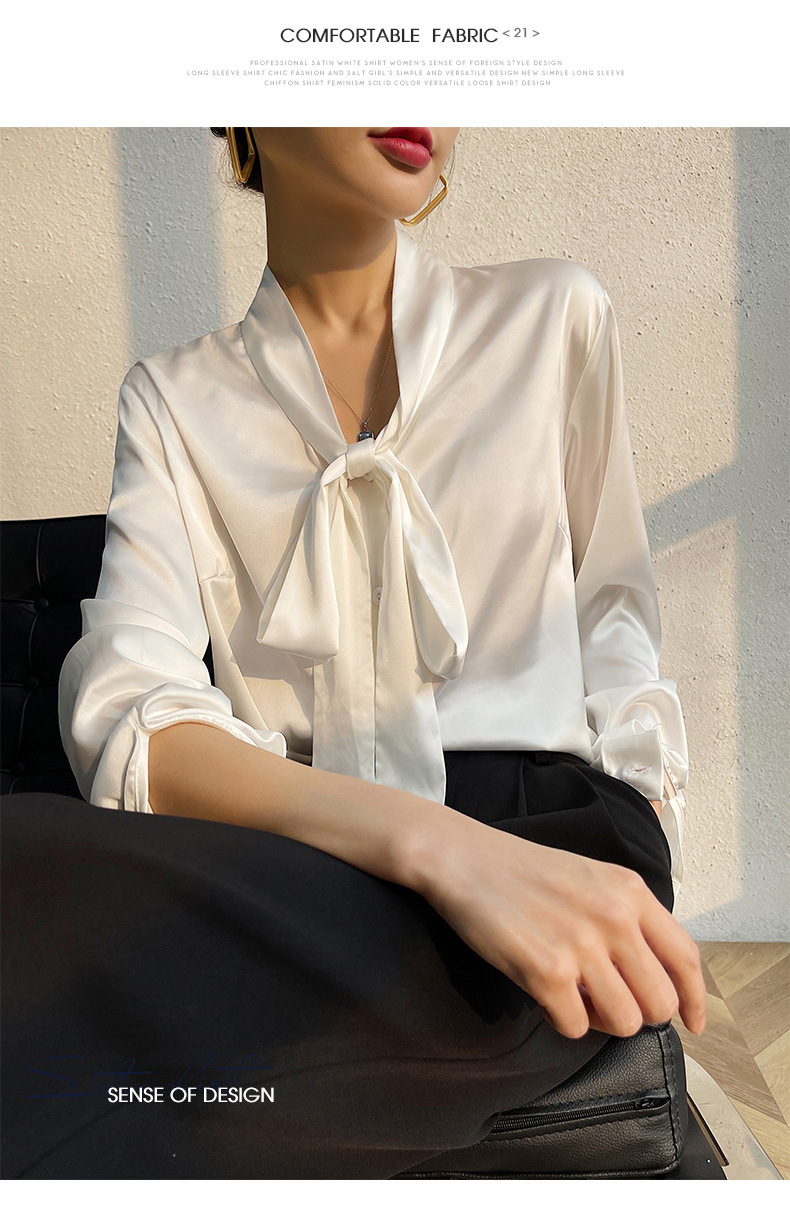 春夏新款飘带v领蚕丝缎面衬衫女时尚重磅衬衣三醋酸垂感宽松上衣