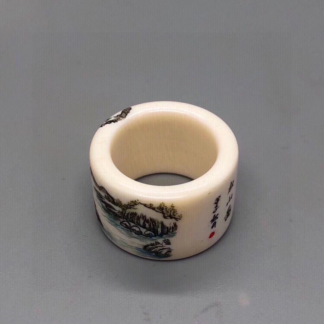 猛犸象牙山水诗句刻画扳指陈玉峰大师雕刻男女收藏珍品