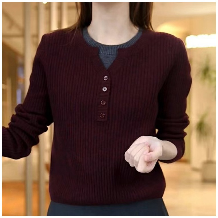 大码2025早春新款假两件撞色长袖针织衫女胖mm遮肉显瘦打底衫上衣