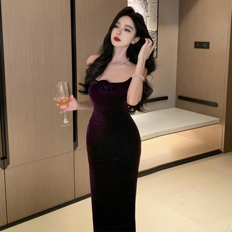 dresses 欧美夜店性感抹胸露肩丝绒花朵修身吊带连衣裙女礼服裙