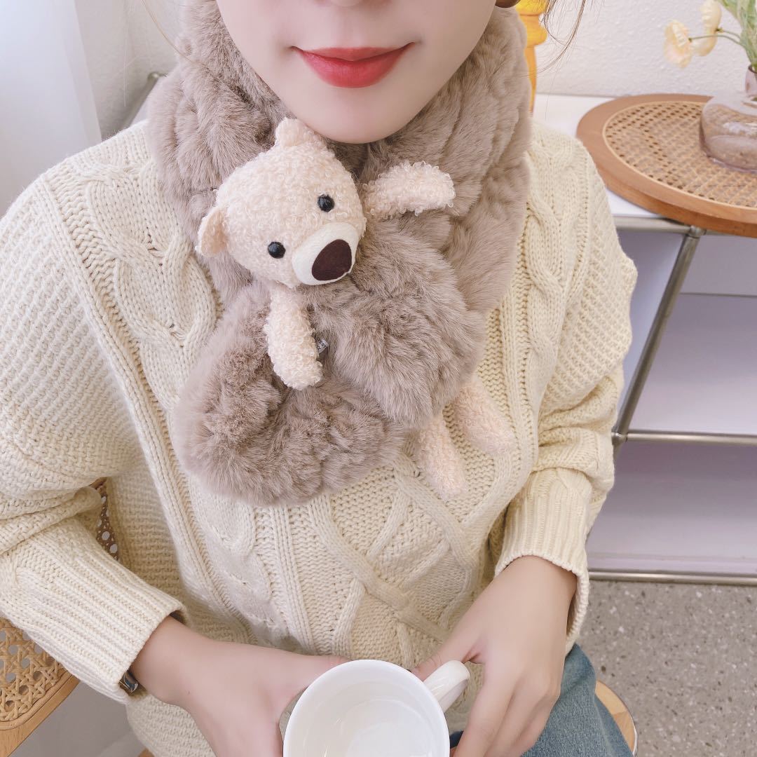 Autumn and Winter New Cute Bear Fur Scarf Female Korean Style Ins All-Matching Warm Thick Plush Fur Collar Scarf