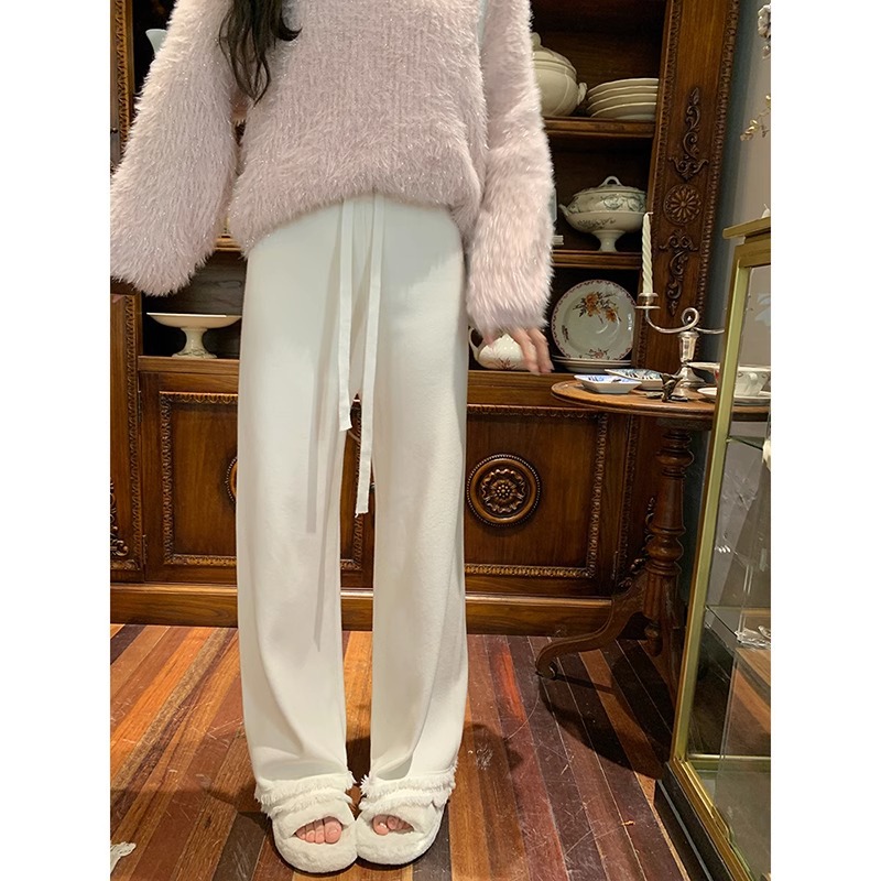 White Fur Raw Edge Knitted Wide-Leg Pants for Women Autumn and Winter Loose Slimming High Waist Drooping Casual Straight-Leg Mop Pants