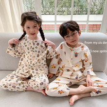 韩国春夏童装儿童双层纱布长袖家居服套装卡通全棉睡衣空调服