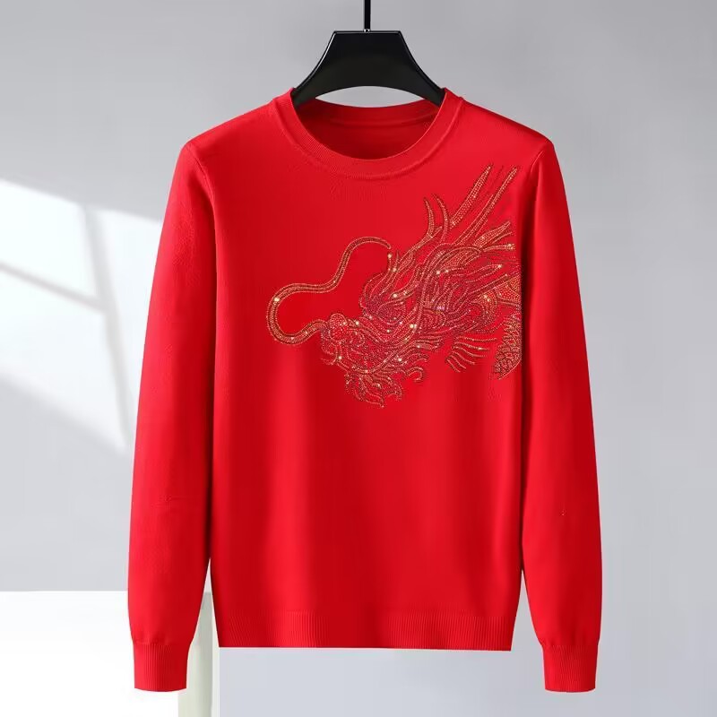 大红色龙年图案本命年卫衣男红色加绒长袖t恤2024新年秋冬上衣服