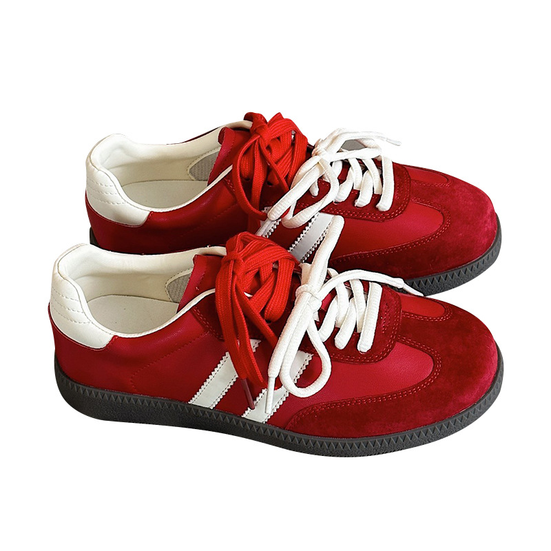 四季新款真皮红色德训鞋女百搭双鞋带拼色平底休闲运动板鞋