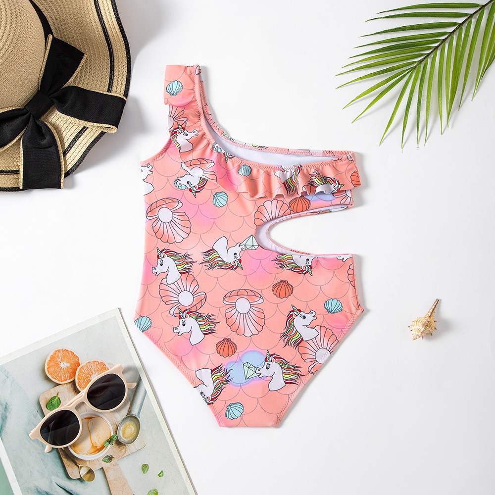 Spot Foreign Trade New Girl's One-Piece Swimming Suit Oblique Shoulder Children's One-Piece Swimsuit Smaller and Big Kids' Swimwear