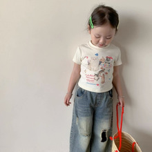 韩国女童短款修身T恤打底衫卡通甜美女宝宝紧身上衣洋气小童短袖