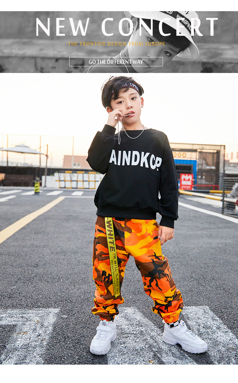 儿童街舞套装演出服男孩迷彩裤hiphop少儿男童嘻哈爵士舞套装潮