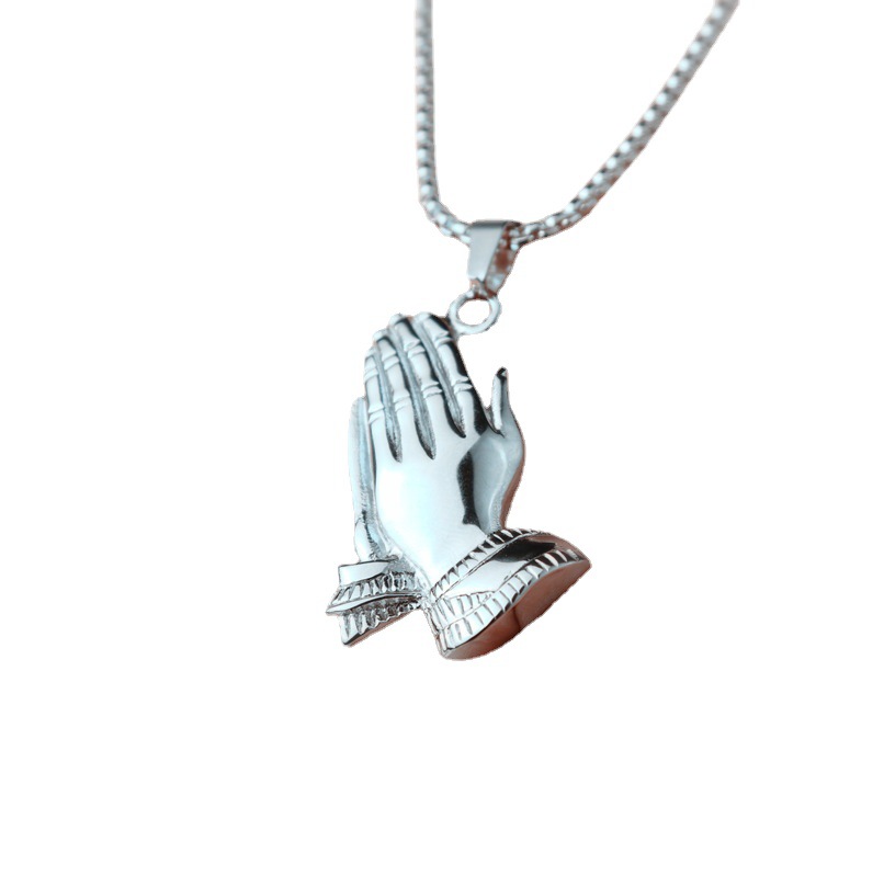 欧美新款复古个性不锈钢祈祷金色佛手吊坠双手合十吊牌男女士项链