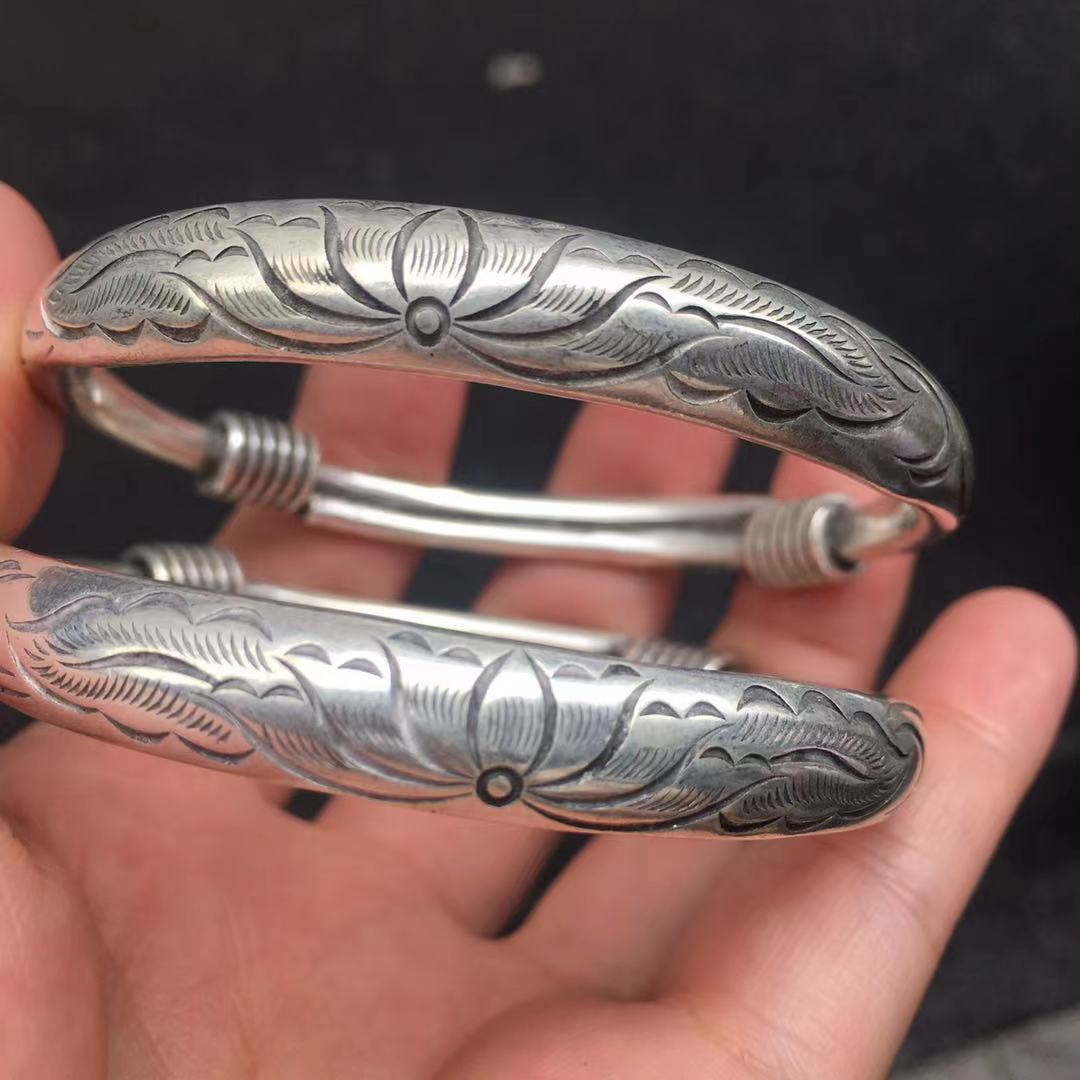 藏银连年有余可调节手镯 苗银长命富贵字女镯 民族风复古藏银手镯