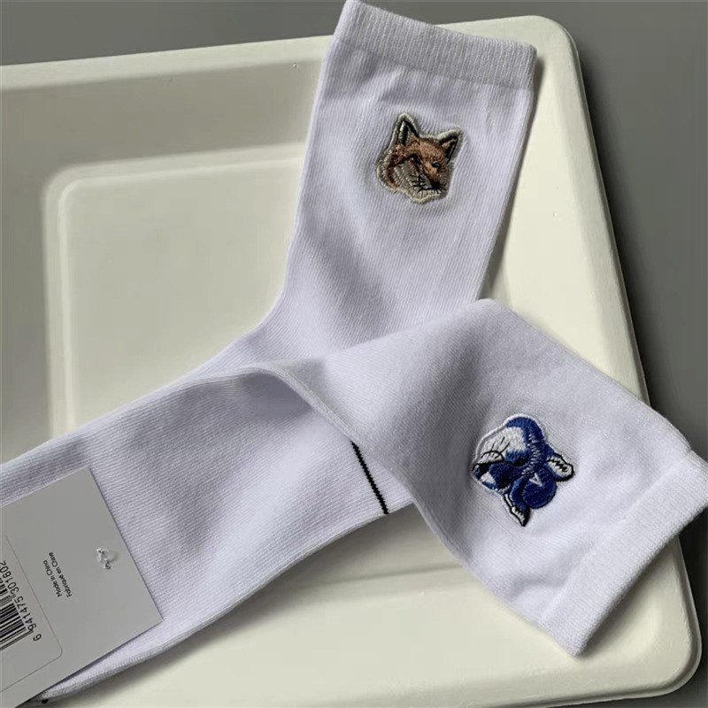 New French Fox Double Needle Color Block Embroidery Socks Maison Casual Catwalk Mid-Calf Kitsune Women's Socks