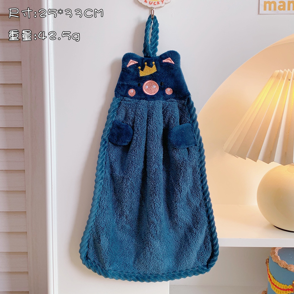 Hanging Coral Fleece Thickened Hand Towel Cute Pig Cartoon Soft Cute Absorbent Towel Kitchen Lint-Free Cloth