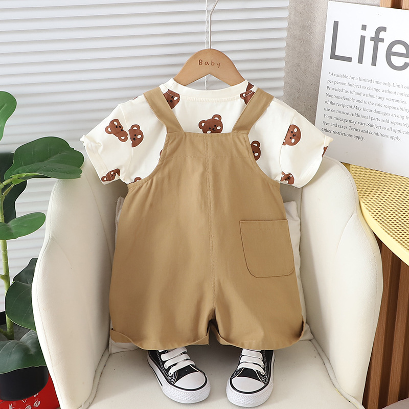 Boys' Suit 2024 New Western Style Baby Girls' Short Sleeve Cute Suspender Pants Two-Piece Set Baby Kids' Summer Handsome Baby Clothes
