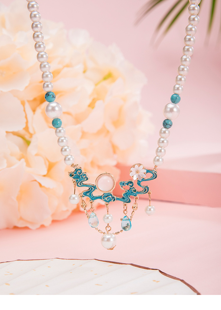 汉服软璎珞项圈古风蓝色祥云多层流苏项链珍珠吊坠女饰品配饰批发