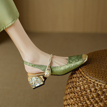 方头绿色包头凉鞋新中式国风女鞋配旗袍夏季外穿高跟鞋时尚百搭女