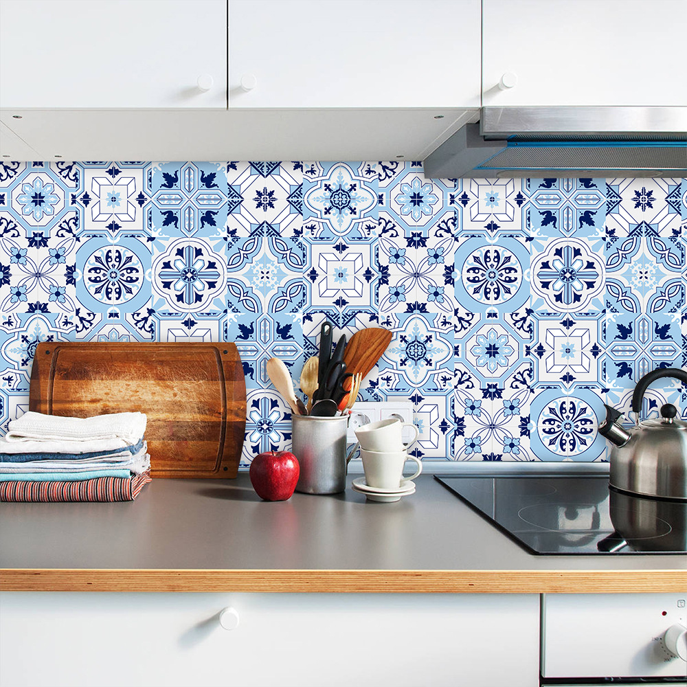 素雅蓝色花砖水晶硬片瓷砖贴厨房浴室家居翻新装饰防油可移除墙贴