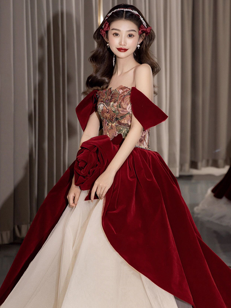 玫瑰骑士敬酒服新娘一字肩小个子夏季晚礼服结婚订婚公主蓬蓬裙女
